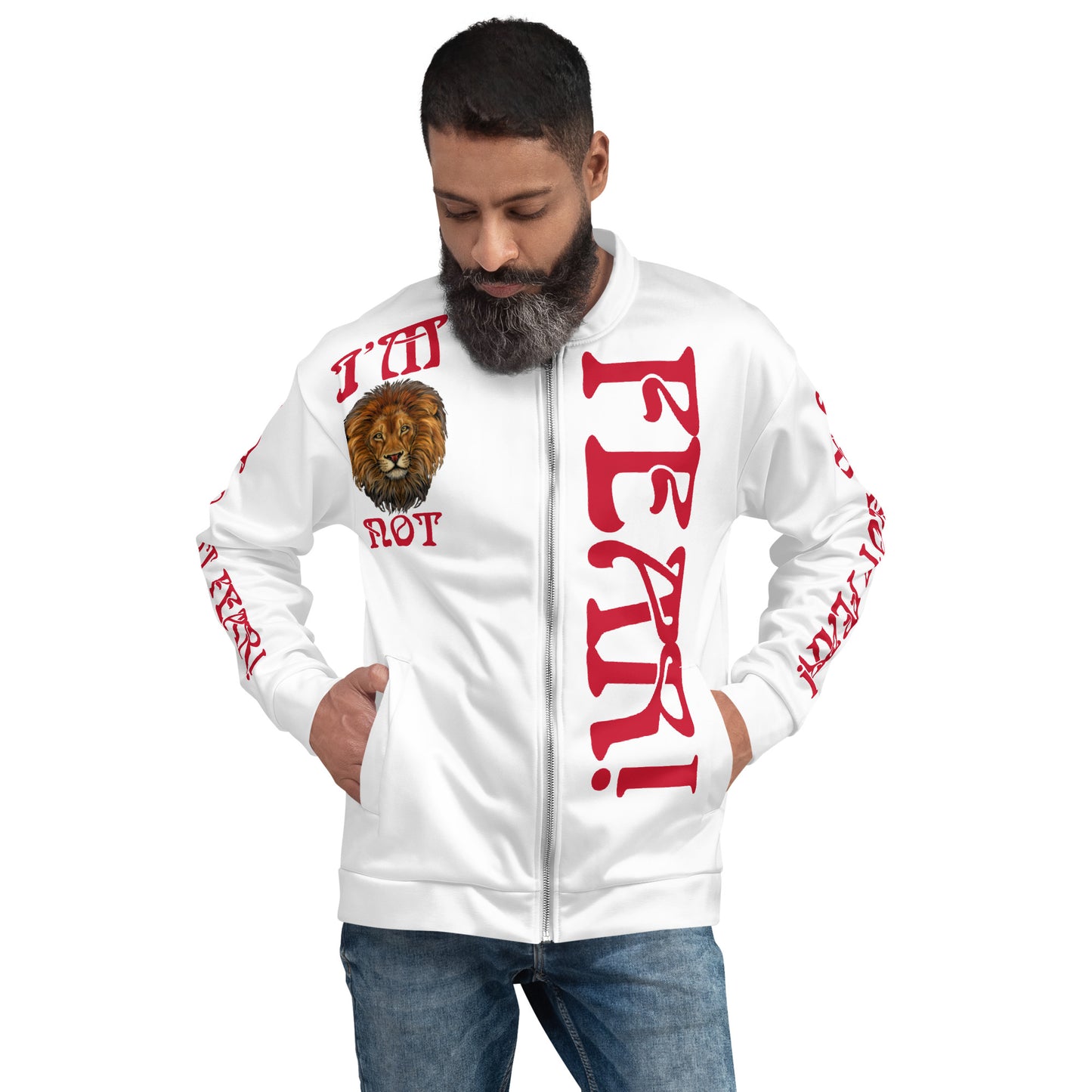 “I’M NOT FEAR!"White Unisex Bomber Jacket W/Red Font