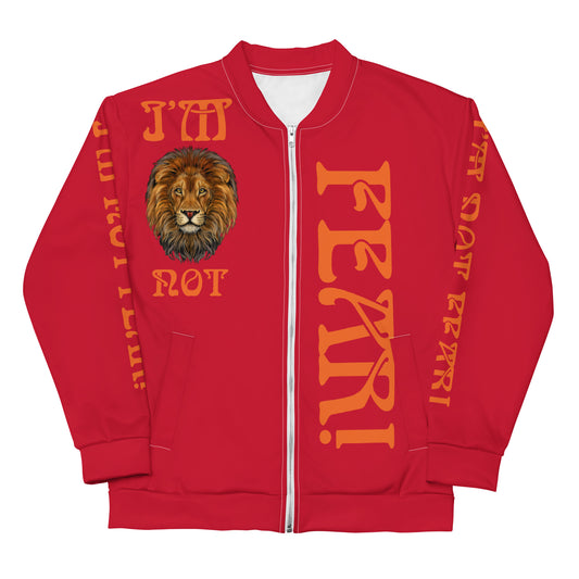 “I’M NOT FEAR!”Red Unisex Bomber Jacket W/Orange Font