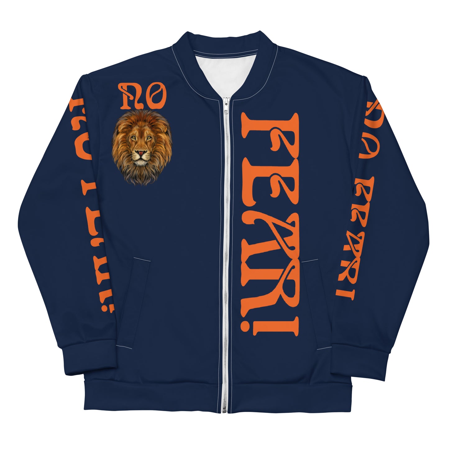 “NO FEAR!"Navy Unisex Bomber Jacket W/Orange Font