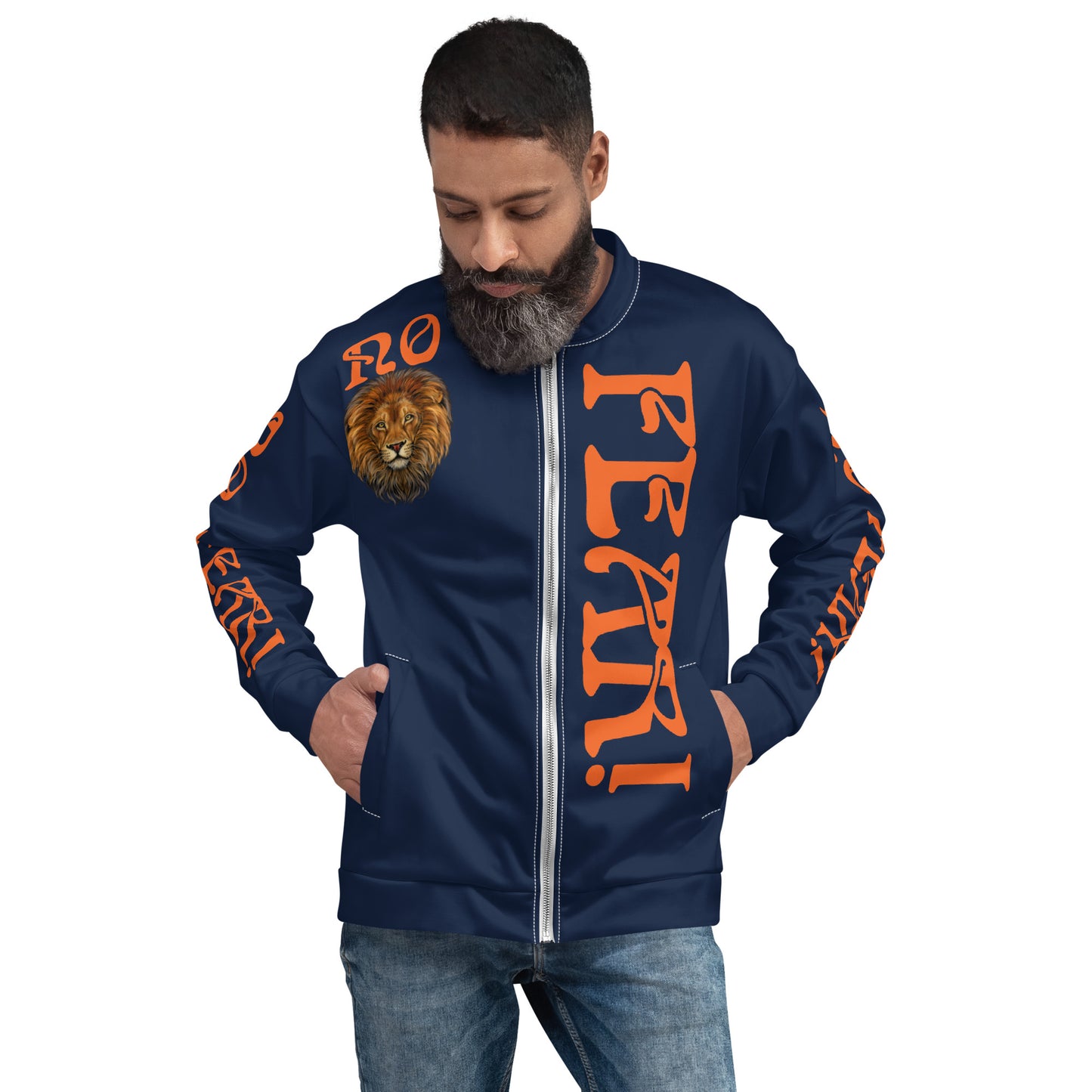 “NO FEAR!"Navy Unisex Bomber Jacket W/Orange Font