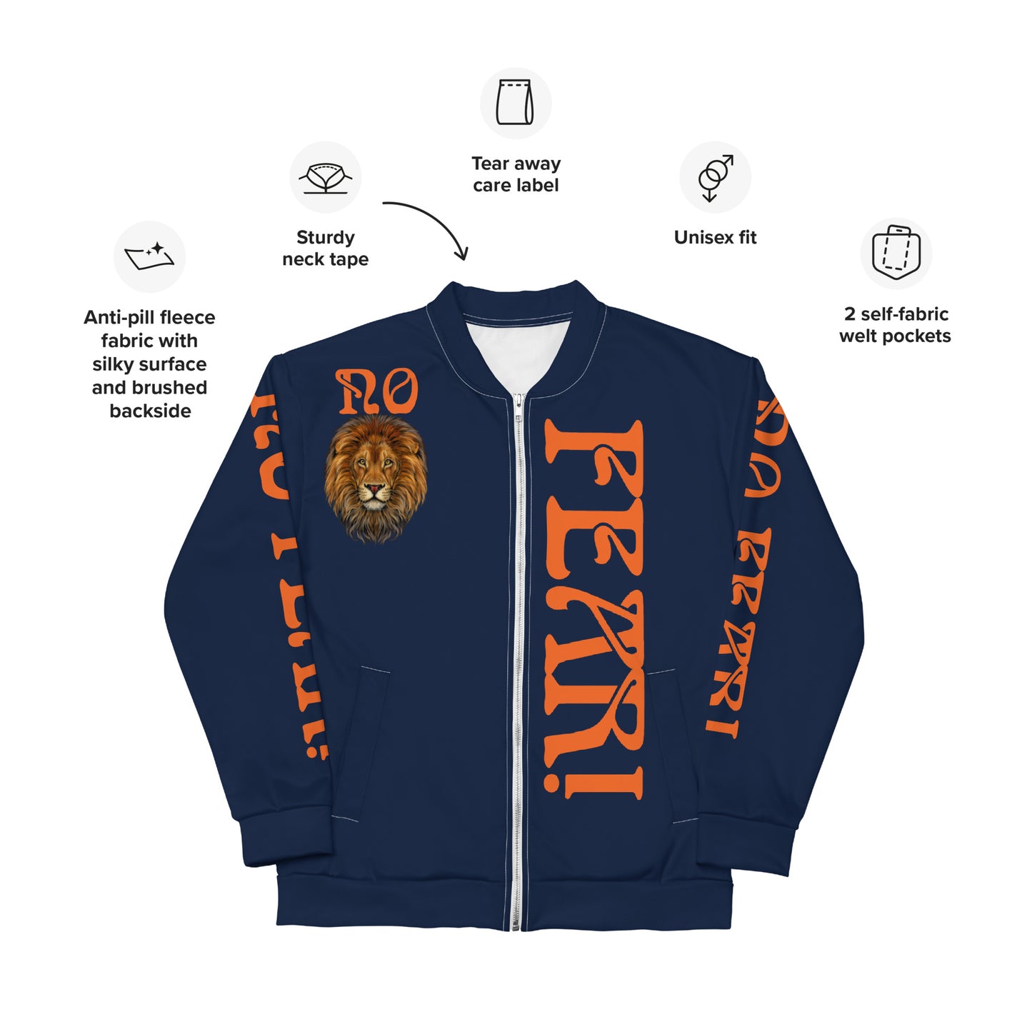 “NO FEAR!"Navy Unisex Bomber Jacket W/Orange Font