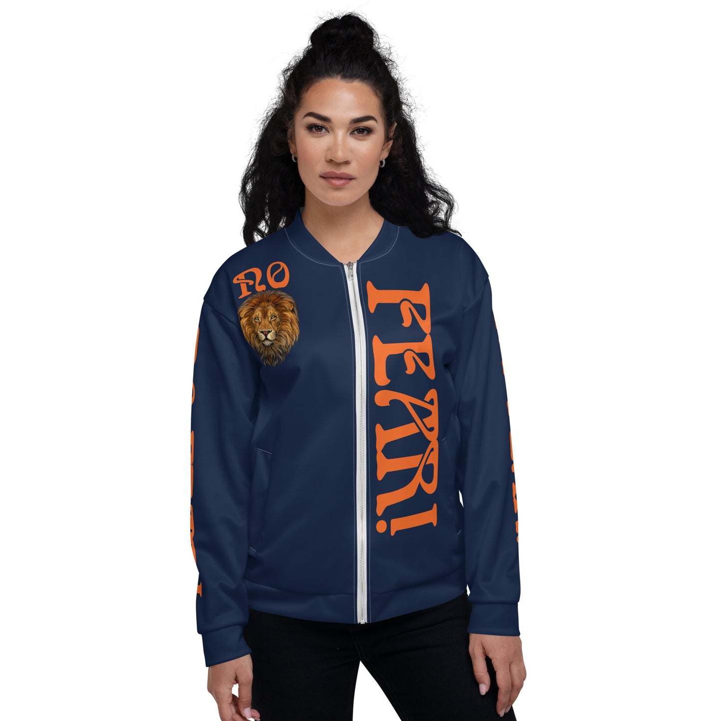 “NO FEAR!"Navy Unisex Bomber Jacket W/Orange Font