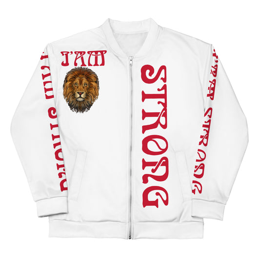 ‘I’AM STRONG!”White Unisex Bomber Jacket W/Red Font