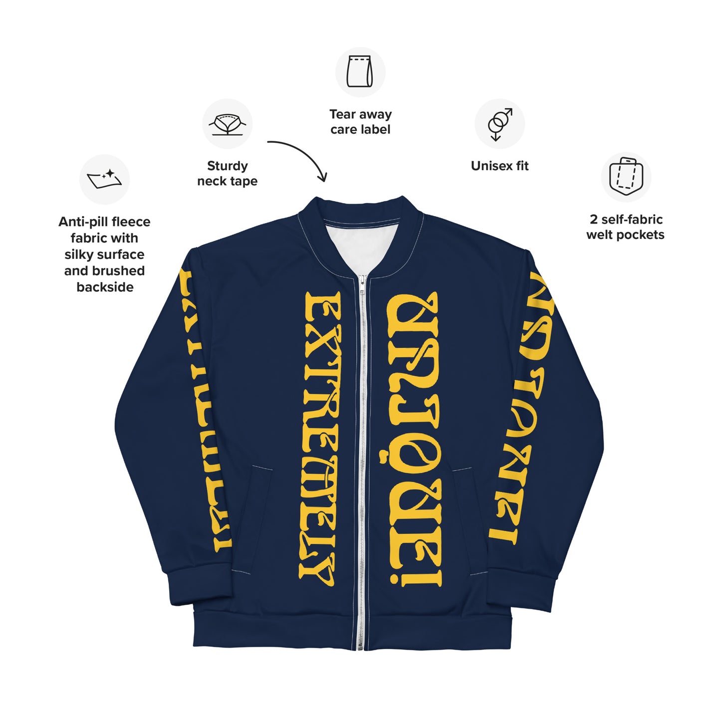 “EXTREMELY,UNIQUE!”Navy Unisex Bomber Jacket W/Yellow Font