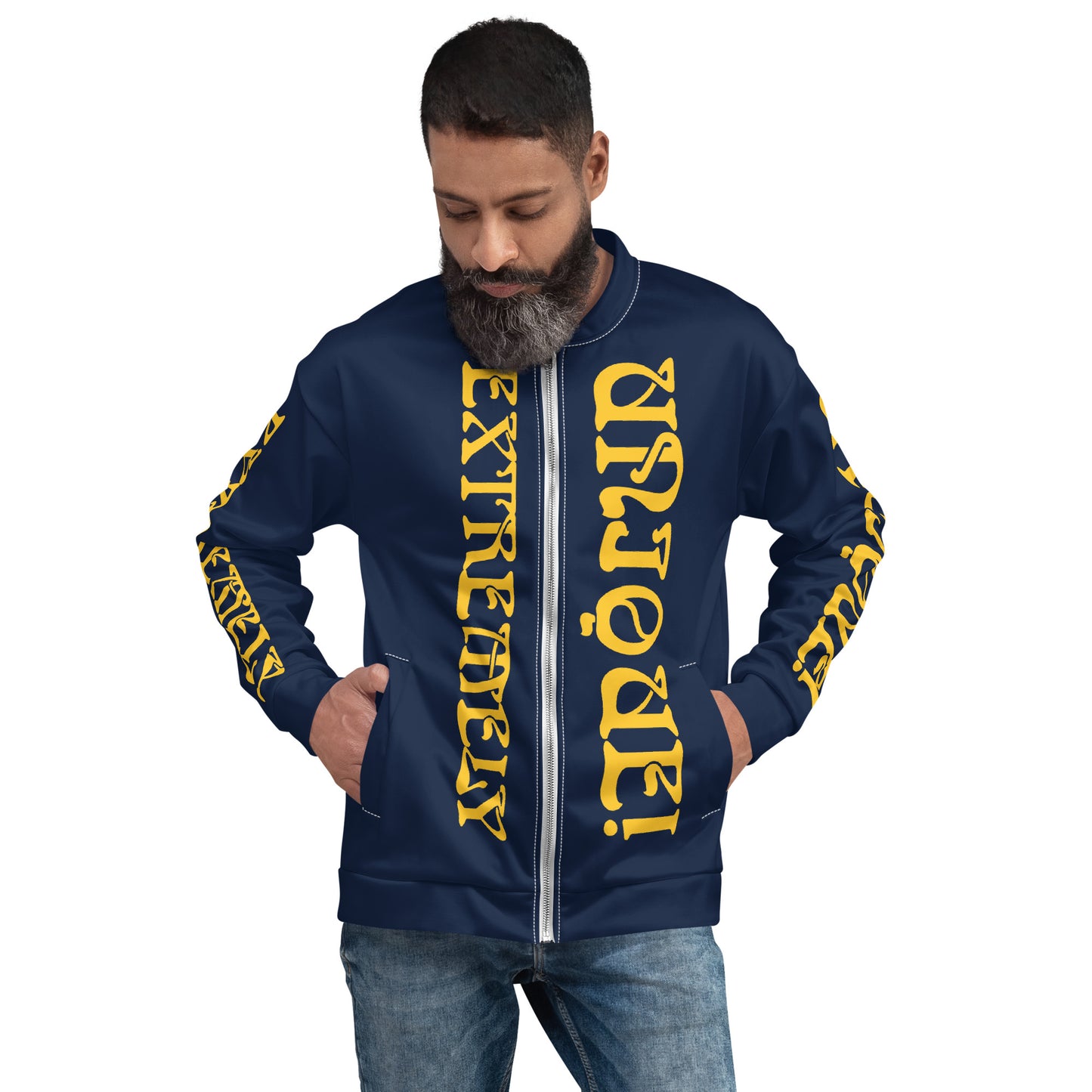 “EXTREMELY,UNIQUE!”Navy Unisex Bomber Jacket W/Yellow Font