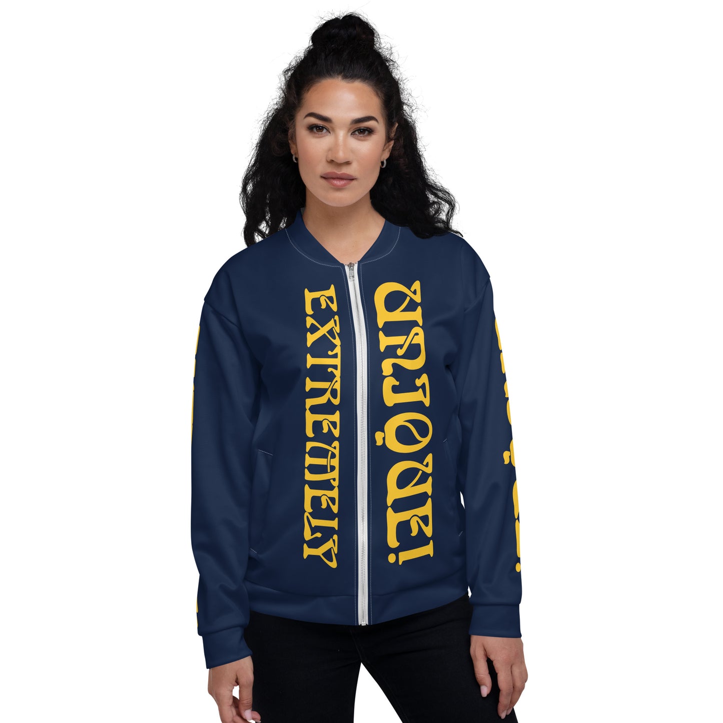 “EXTREMELY,UNIQUE!”Navy Unisex Bomber Jacket W/Yellow Font