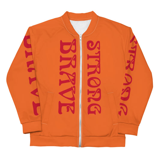 “BRAVE,STRONG”Orange Unisex Bomber Jacket W/Red Font