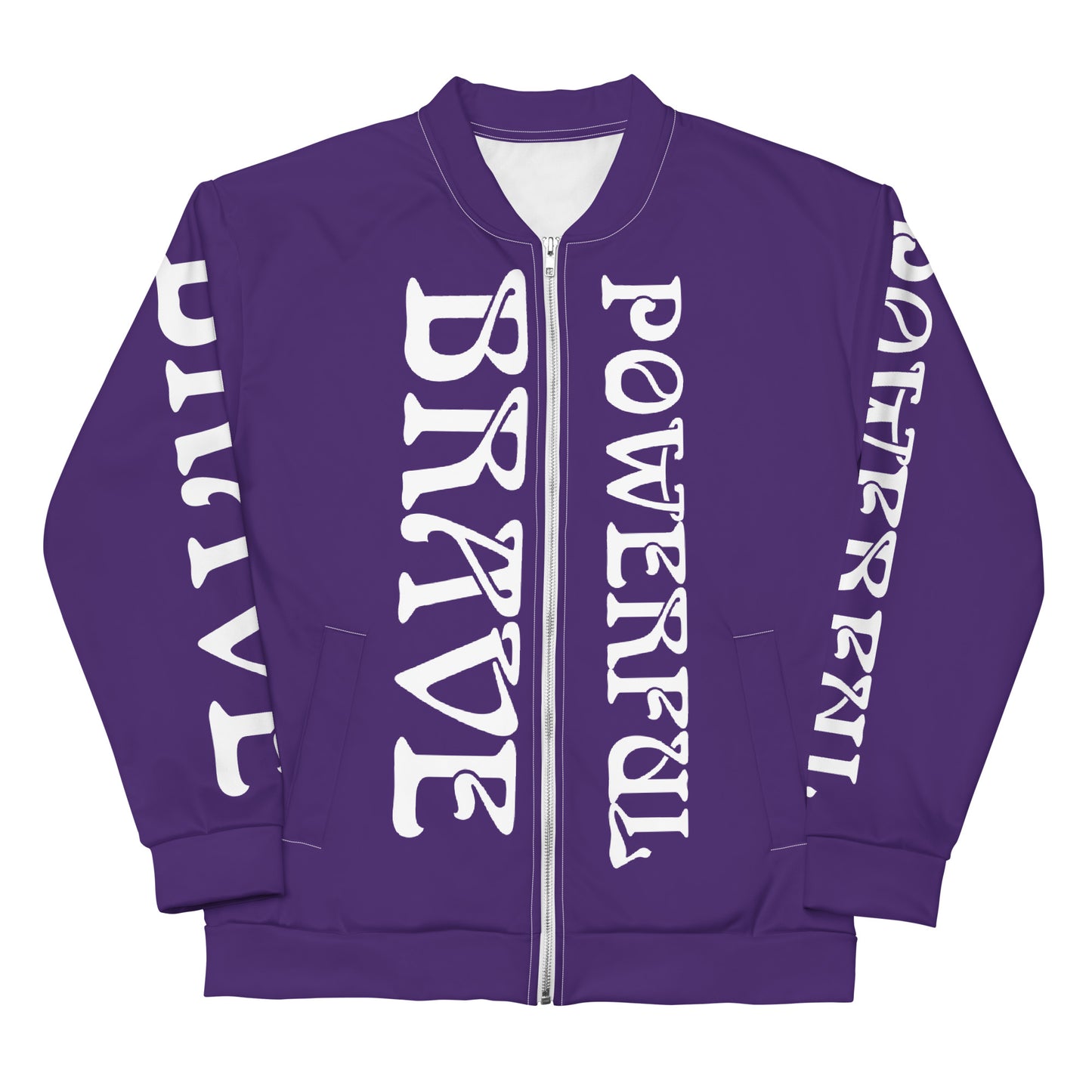 “BRAVE,POWERFUL”Purple Unisex Bomber Jacket W/White Font