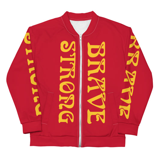 “STRONG,BRAVE”Red Unisex Bomber Jacket W/Yellow Font