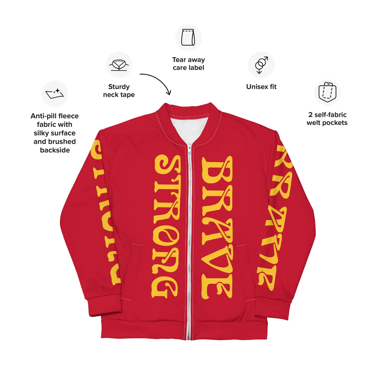 “STRONG,BRAVE”Red Unisex Bomber Jacket W/Yellow Font