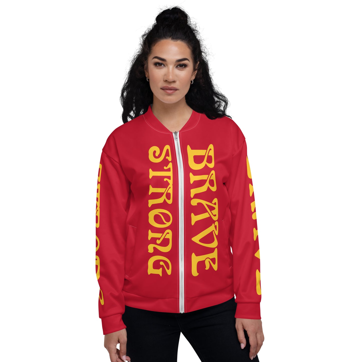 “STRONG,BRAVE”Red Unisex Bomber Jacket W/Yellow Font