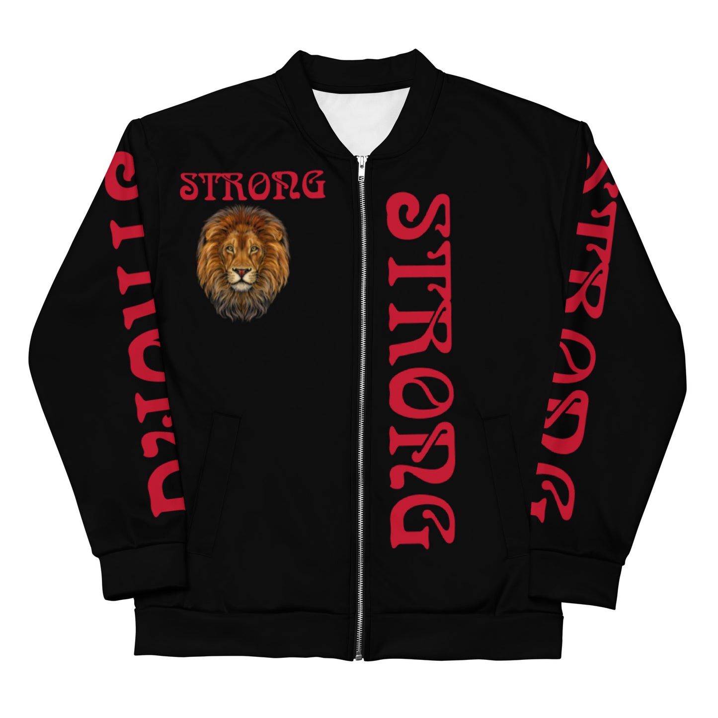 “STRONG”Black Unisex Bomber Jacket W/Double-Sided Red Font