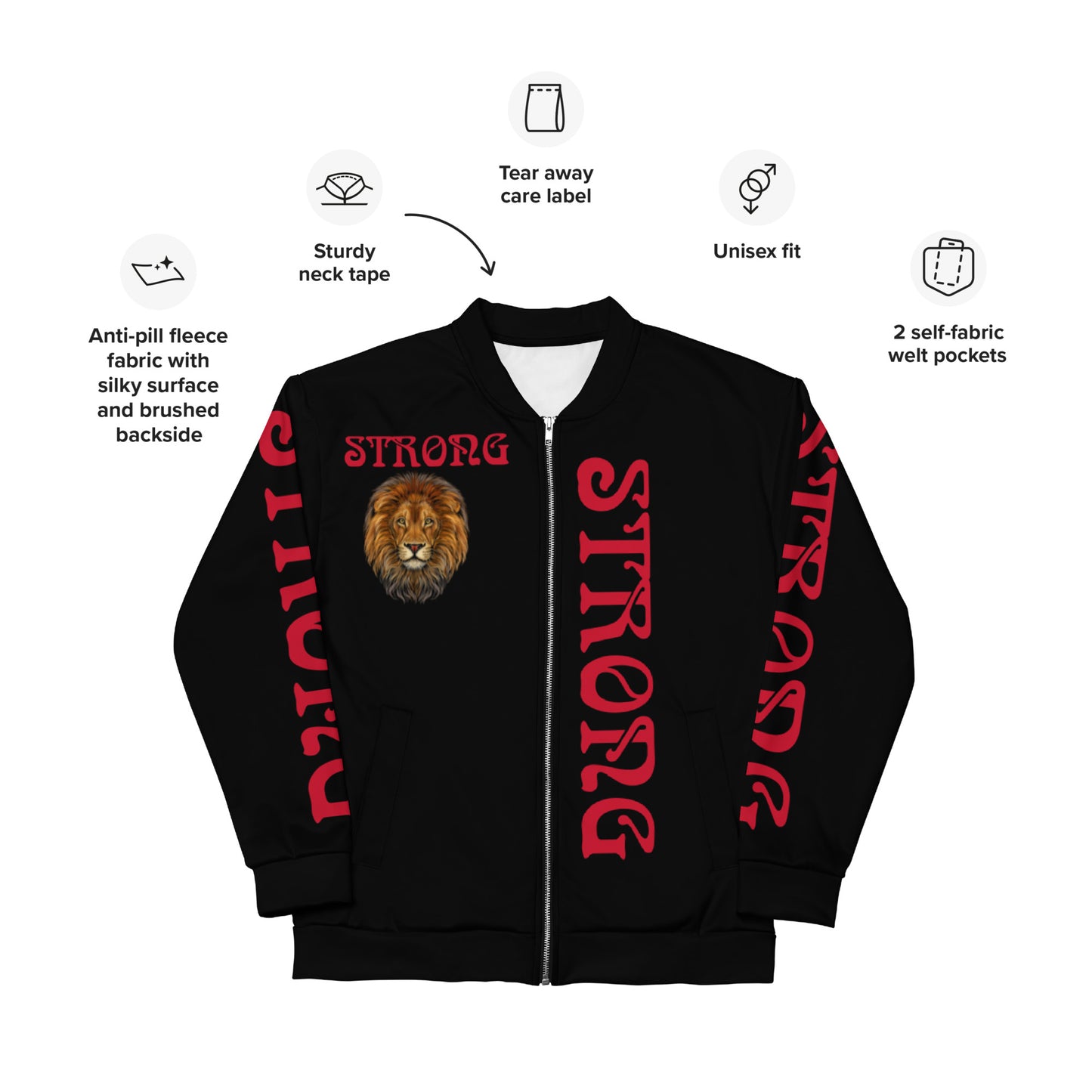 “STRONG”Black Unisex Bomber Jacket W/Double-Sided Red Font