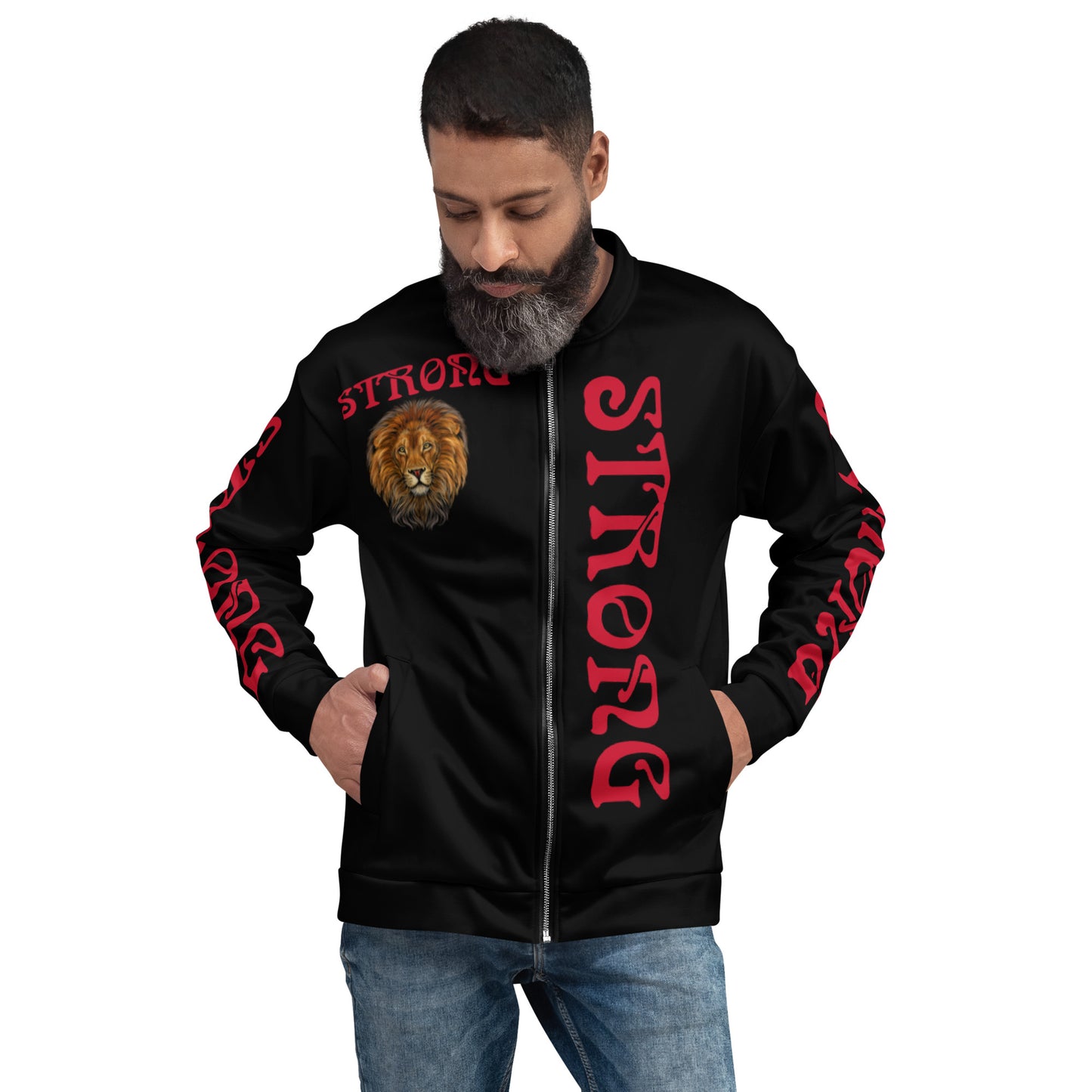 “STRONG”Black Unisex Bomber Jacket W/Double-Sided Red Font