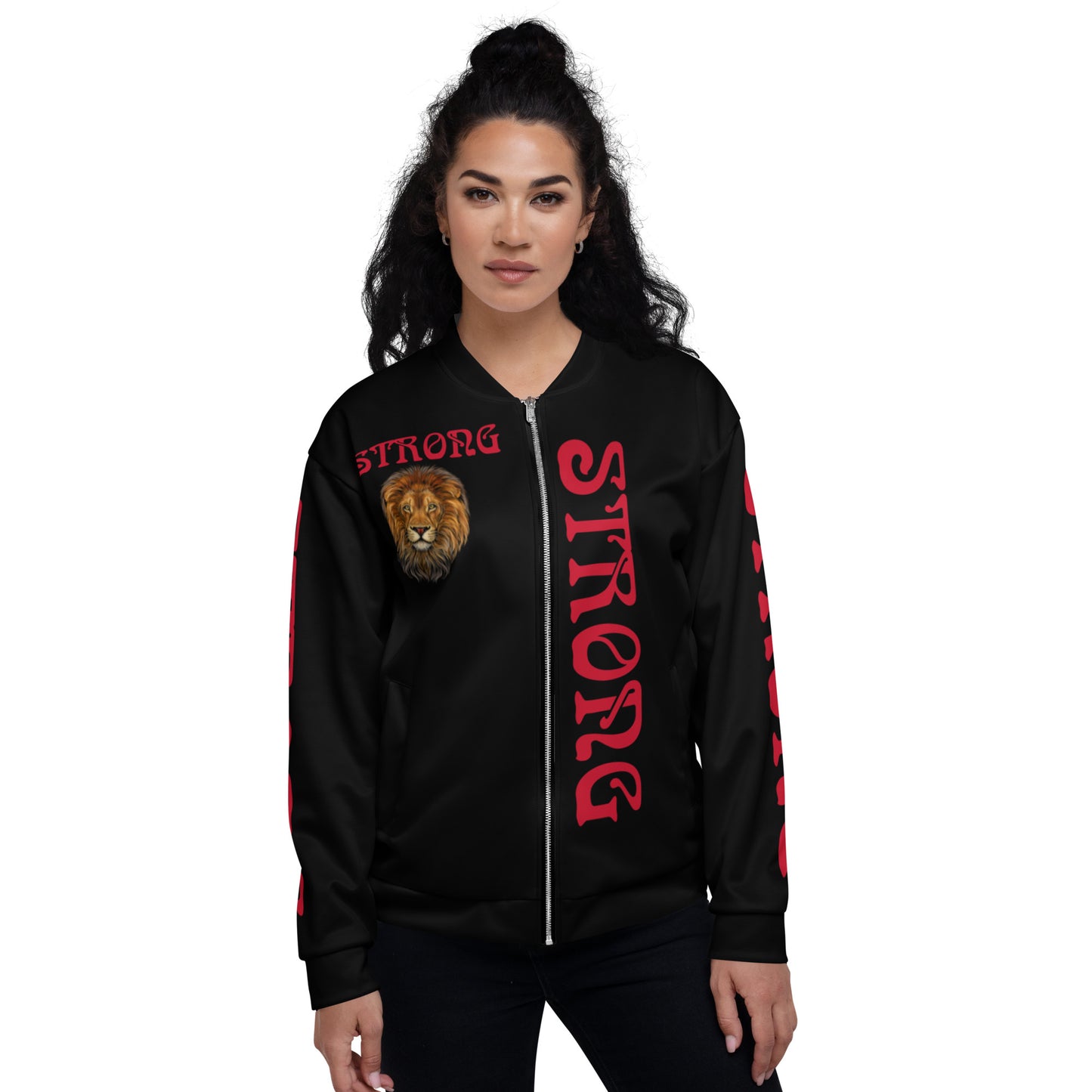 “STRONG”Black Unisex Bomber Jacket W/Double-Sided Red Font