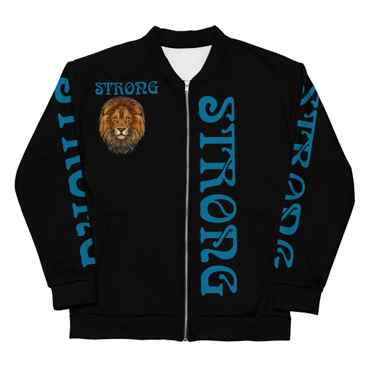 “STRONG”Black Unisex Bomber Jacket W/Cerulean Font