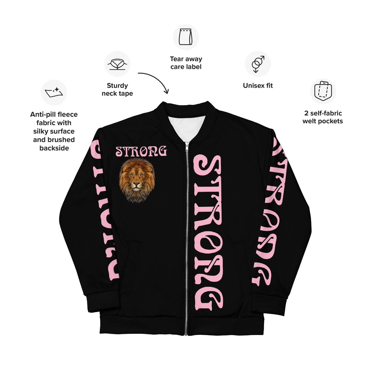 “STRONG”Black Unisex Bomber Jacket W/Cotton Candy Font