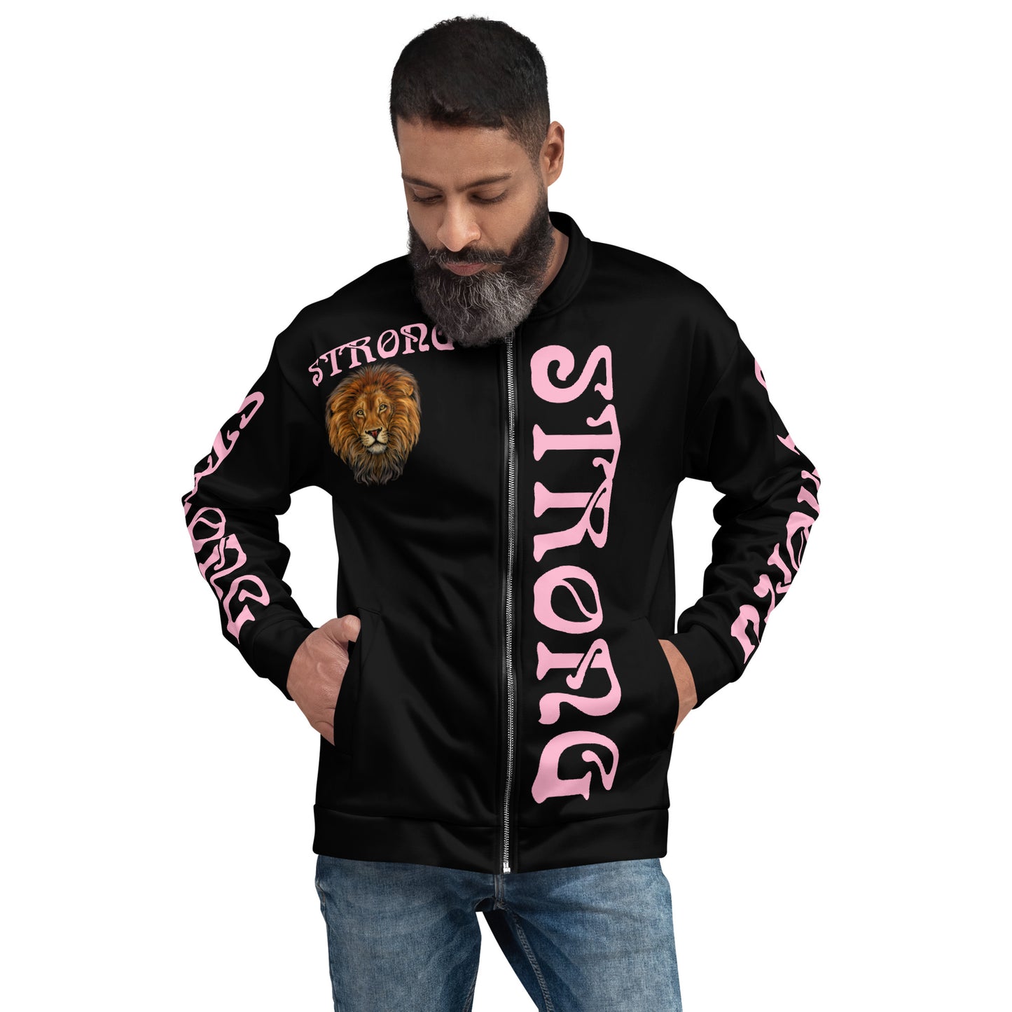 “STRONG”Black Unisex Bomber Jacket W/Cotton Candy Font