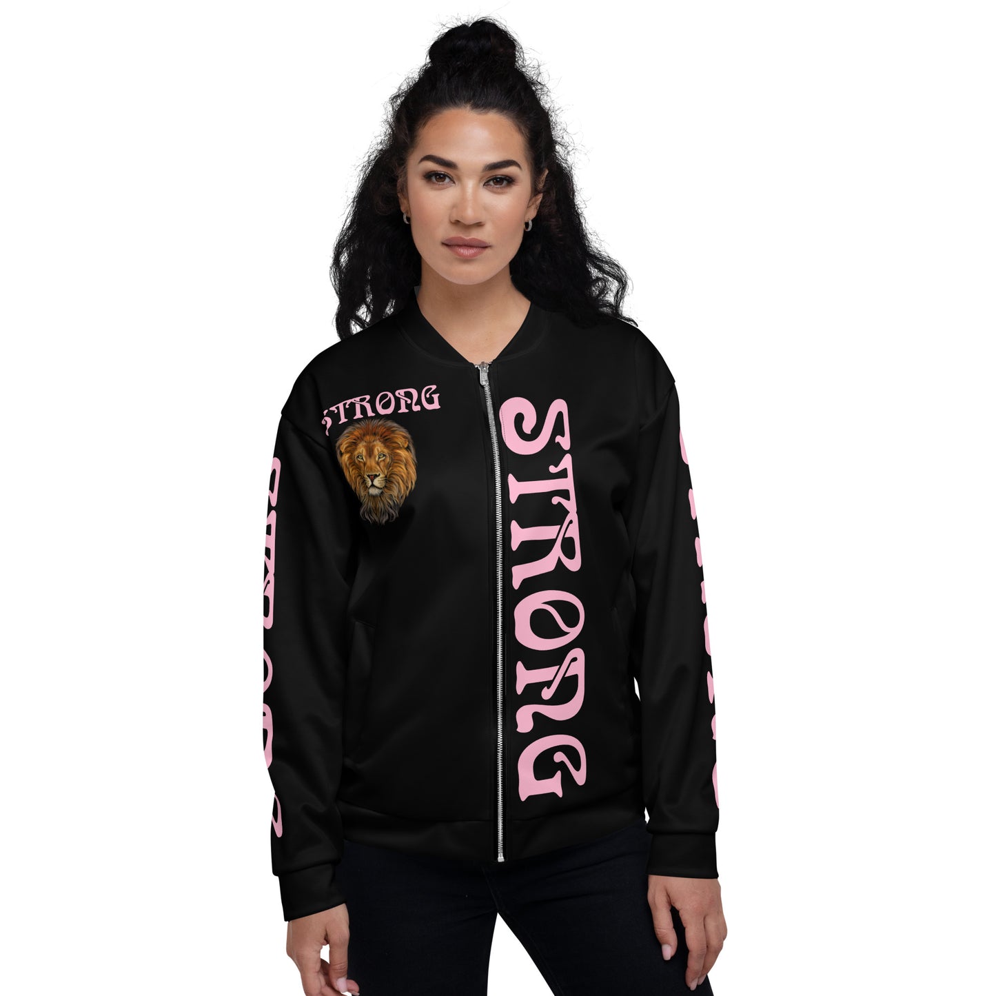 “STRONG”Black Unisex Bomber Jacket W/Cotton Candy Font