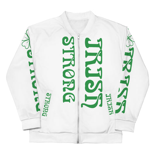 “STRONG IRISH”White Unisex Bomber Jacket W/Green Font