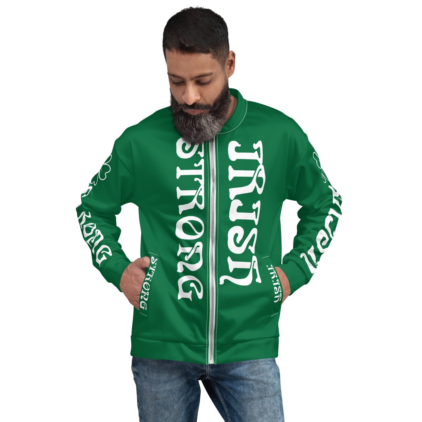 “STRONG IRISH”Green Unisex Bomber Jacket W/White Font