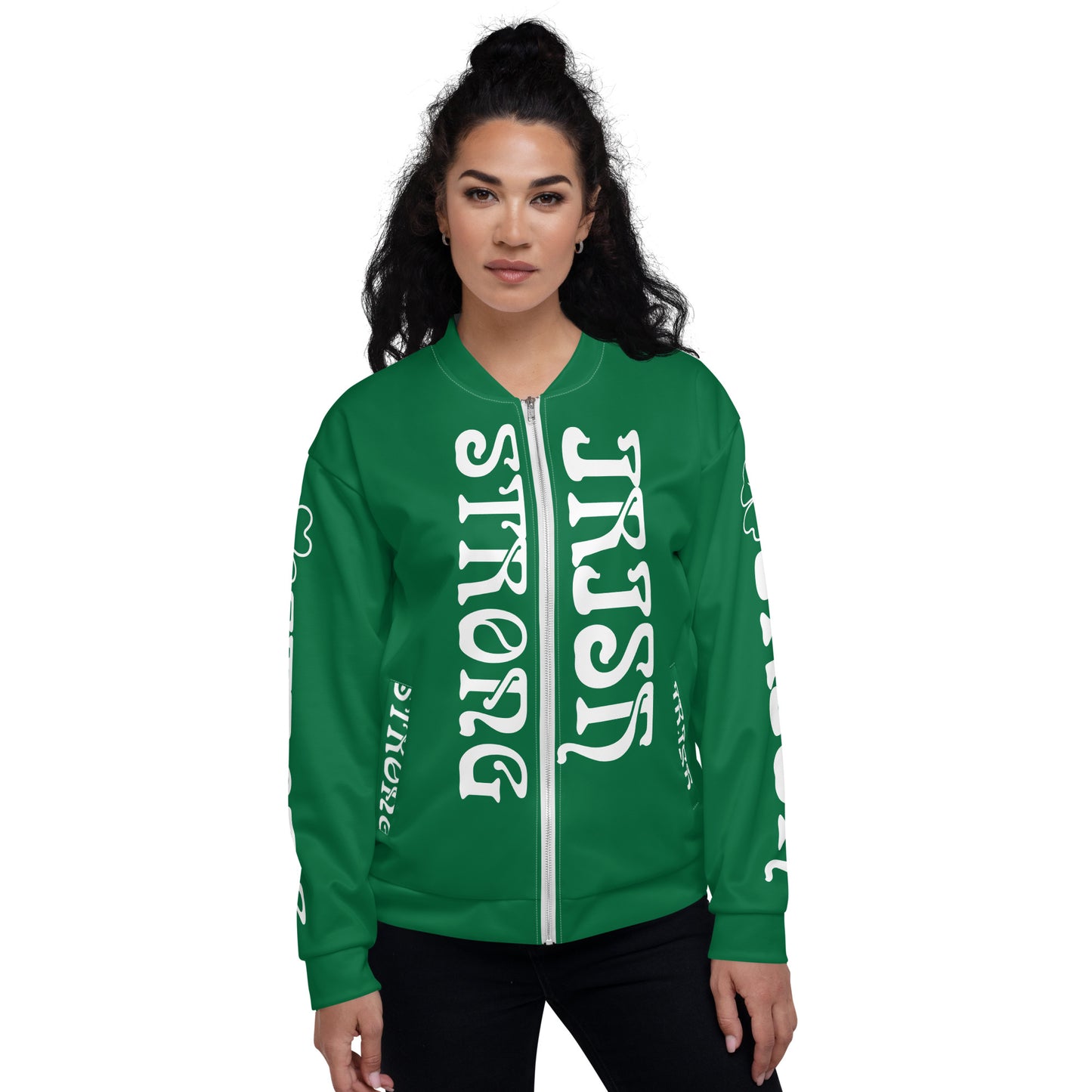 “STRONG IRISH”Green Unisex Bomber Jacket W/White Font