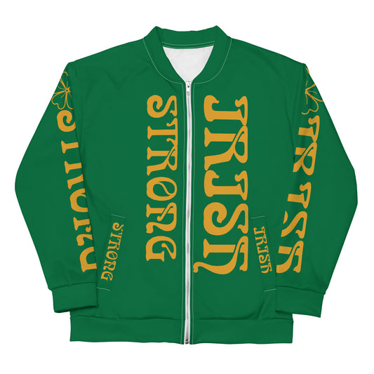 “STRONG IRISH” Green Unisex Bomber Jacket W/Bronze Font