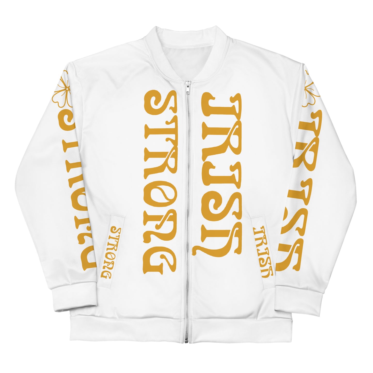 “STRONG IRISH” White Unisex Bomber Jacket W/Bronze Font