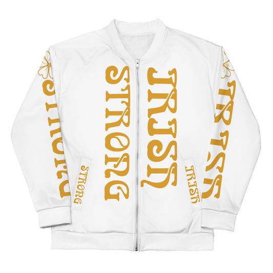 “STRONG IRISH” White Unisex Bomber Jacket W/Bronze Font