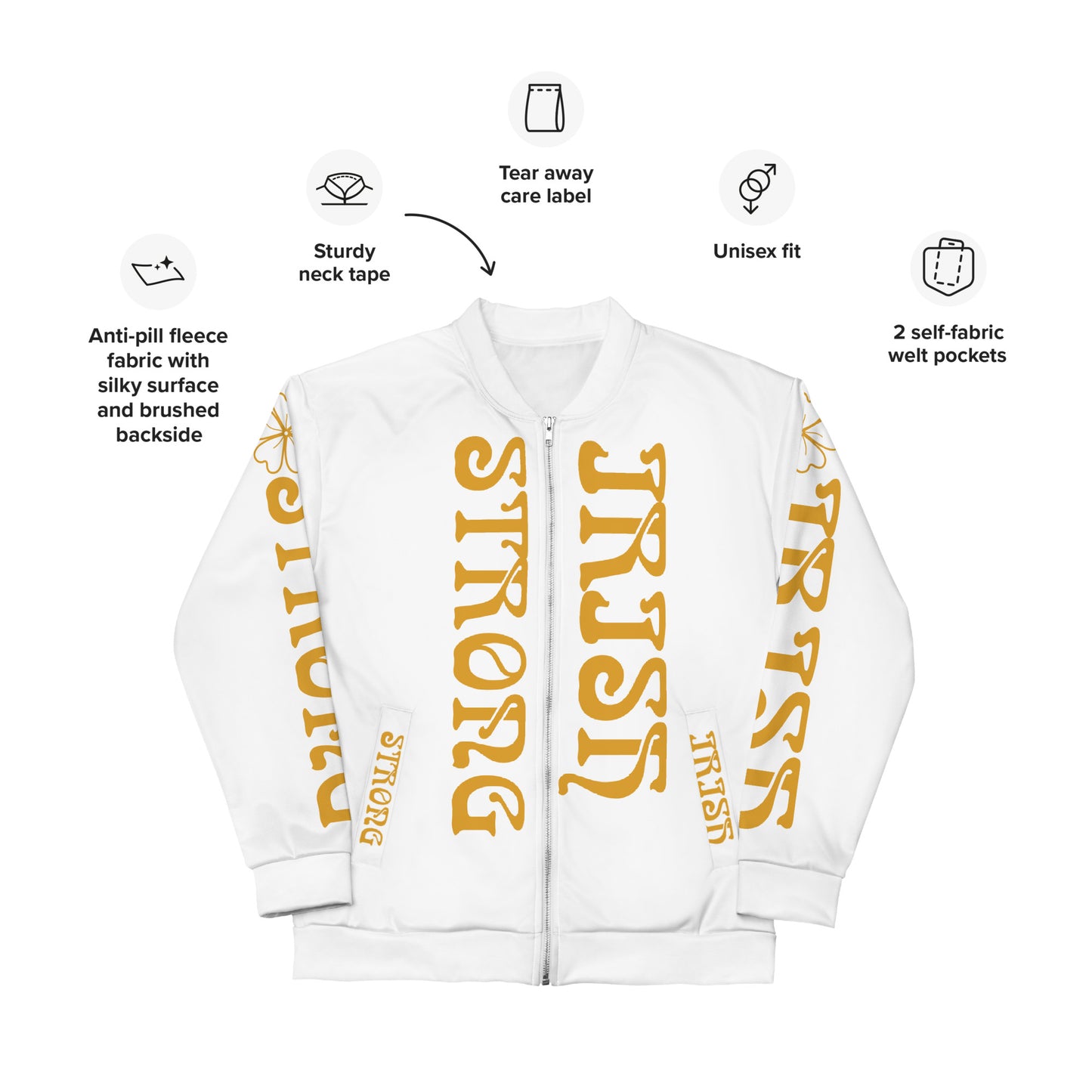 “STRONG IRISH” White Unisex Bomber Jacket W/Bronze Font