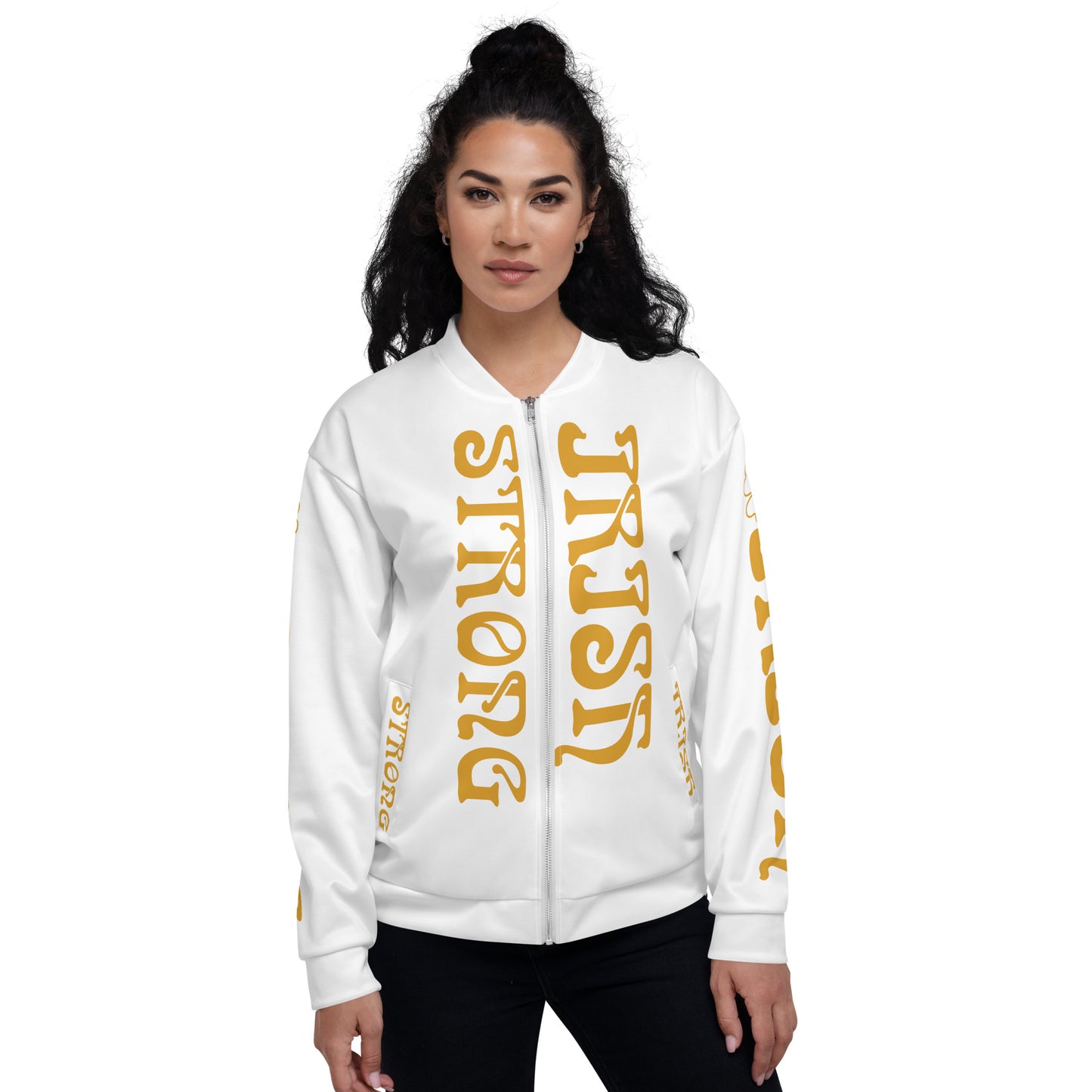 “STRONG IRISH” White Unisex Bomber Jacket W/Bronze Font