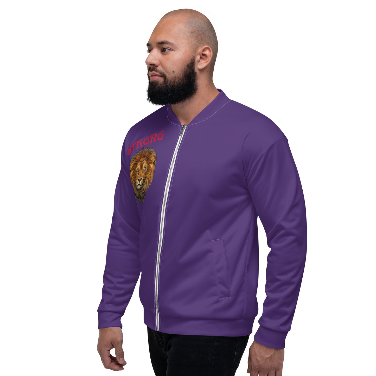 "STRONG"Purple Unisex Bomber Jacket W/Red Font