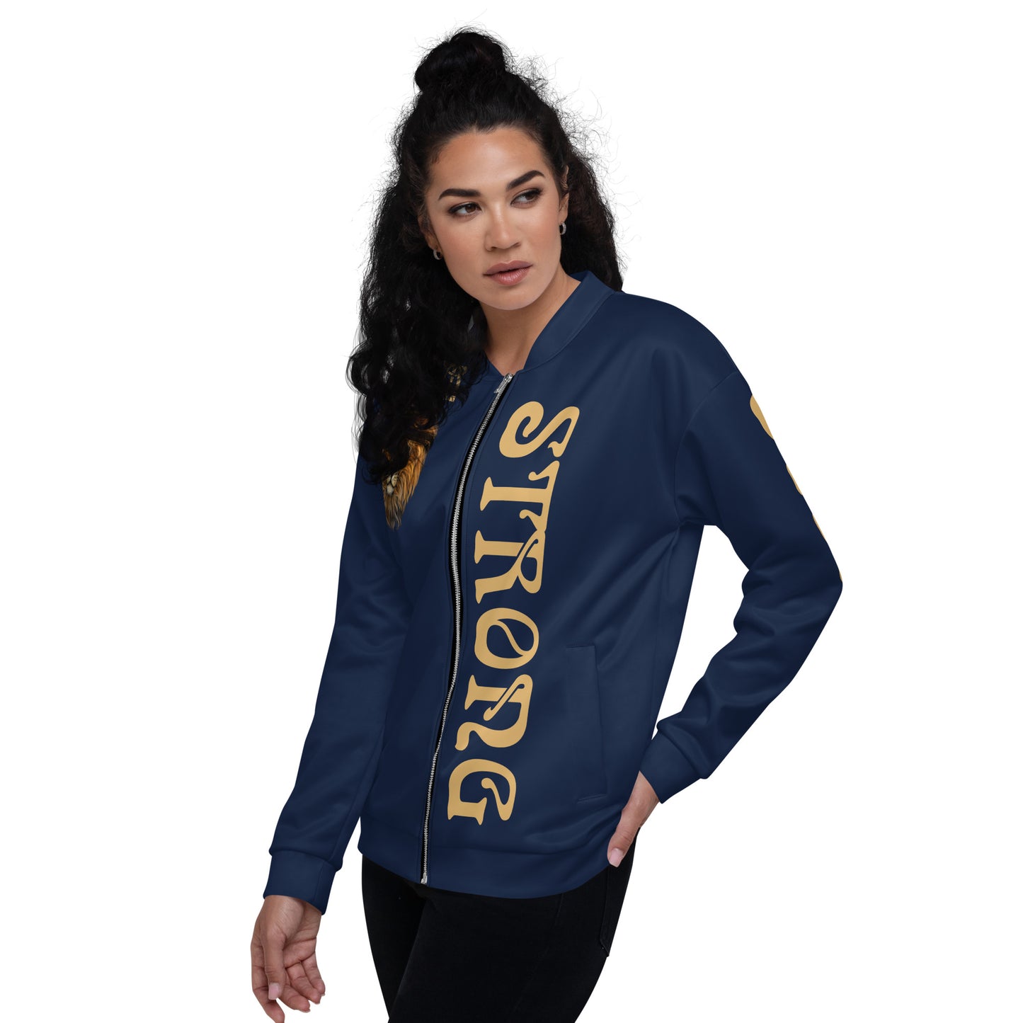 "I'AM STRONG”Navy Unisex Bomber Jacket W/Fawn Font