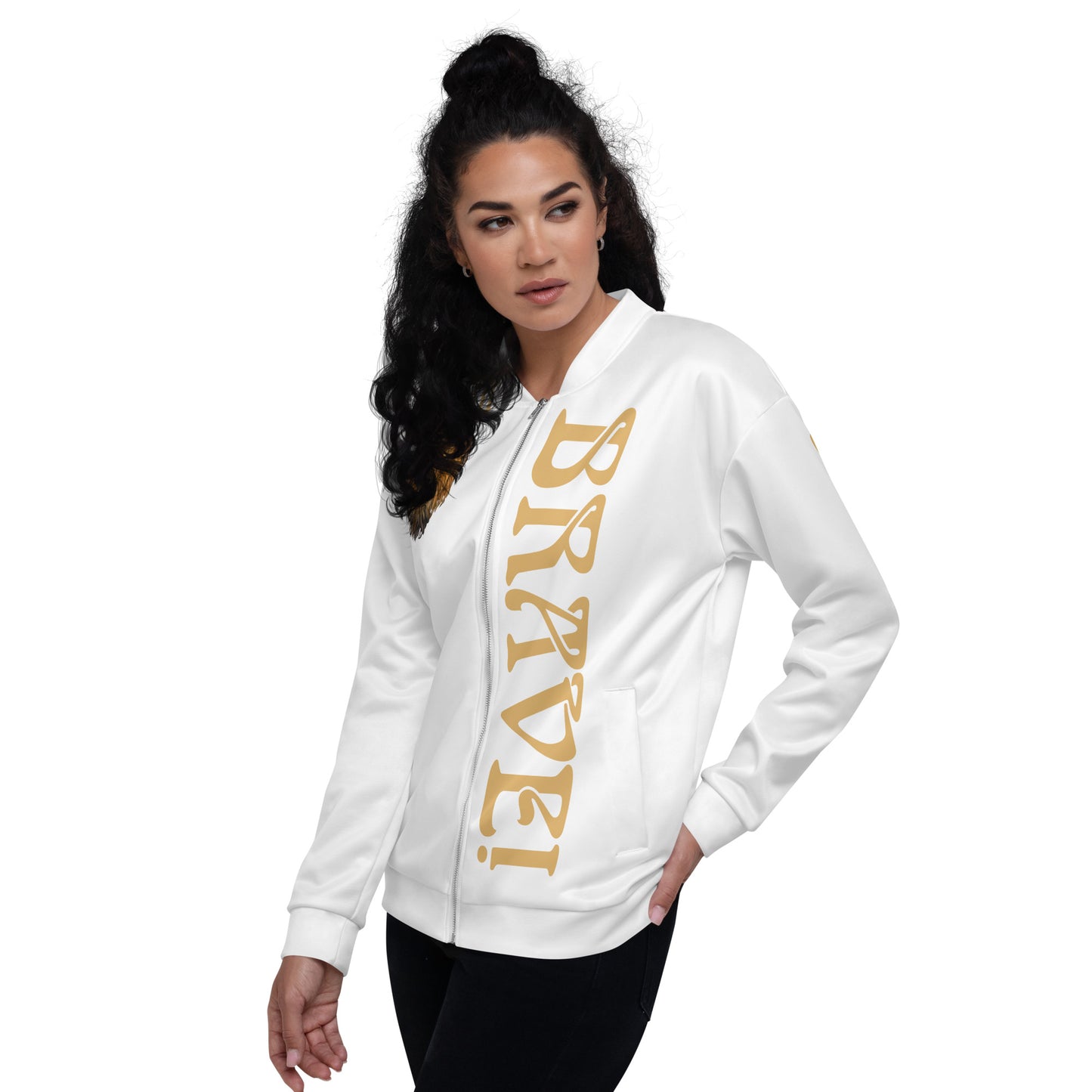 “IAM BRAVE!”White Unisex Bomber Jacket W/Fawn Font