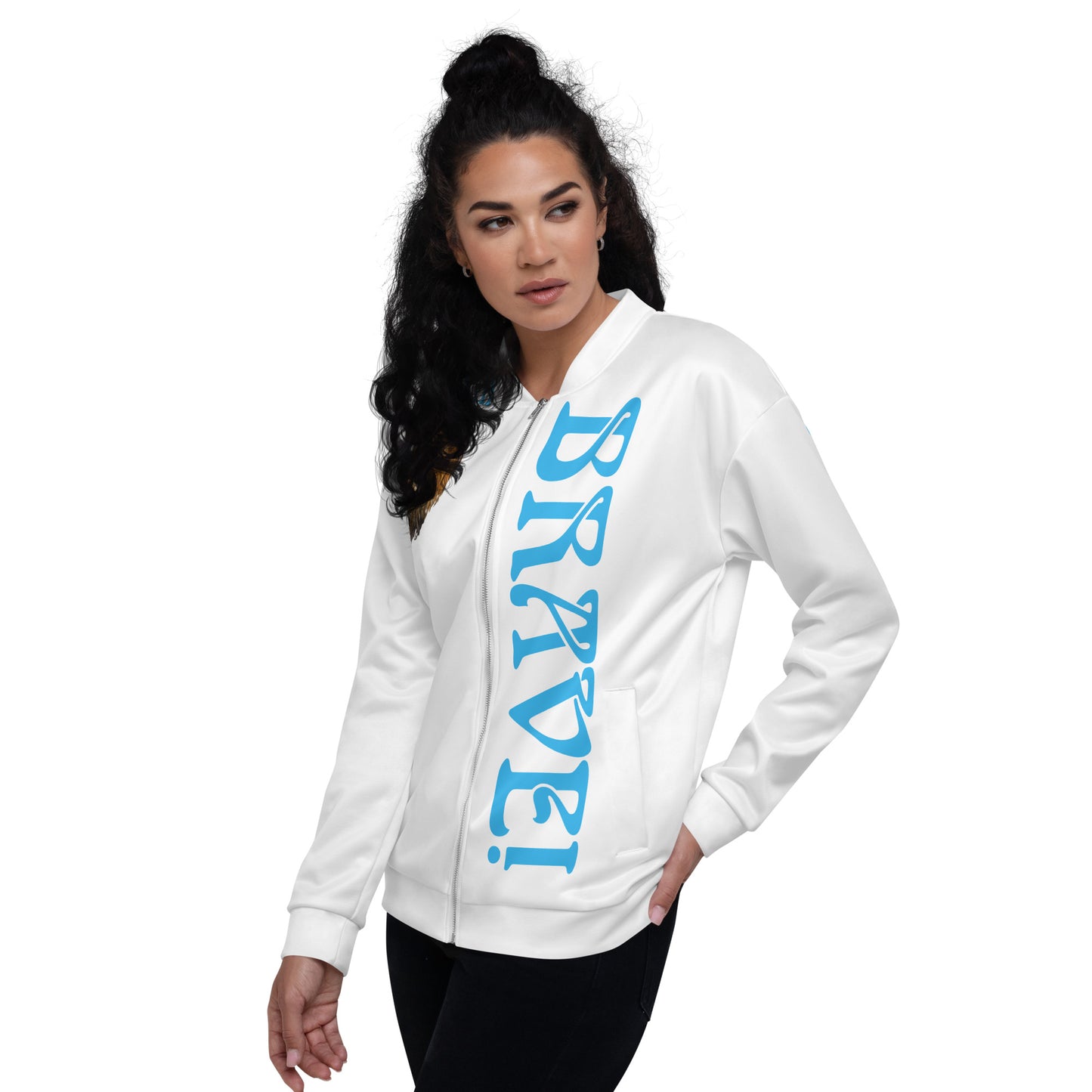 “IAM BRAVE!”White Unisex Bomber Jacket W/SkyBlue Font