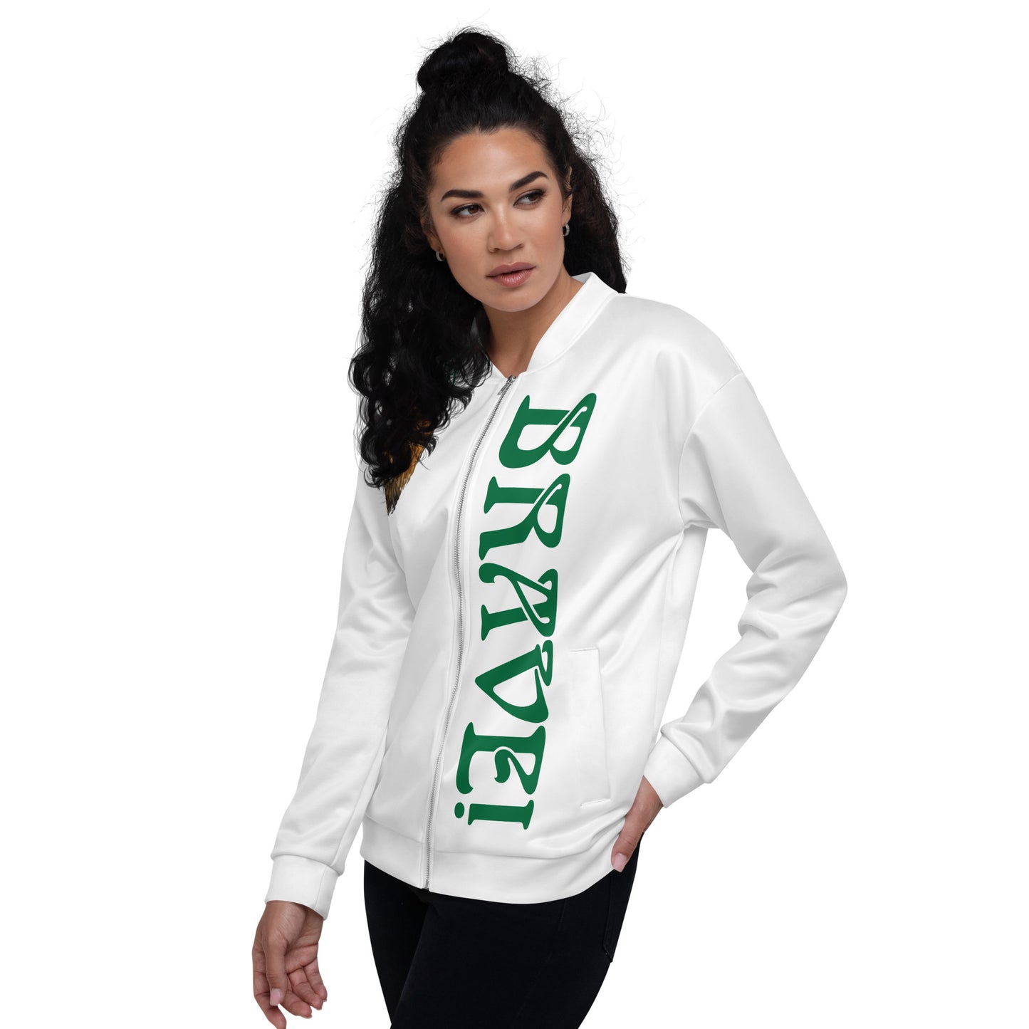 “I’AM BRAVE!”White Unisex Bomber Jacket W/Green Font