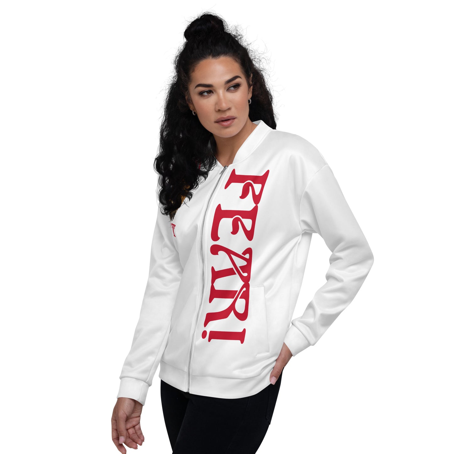 “I’M NOT FEAR!"White Unisex Bomber Jacket W/Red Font