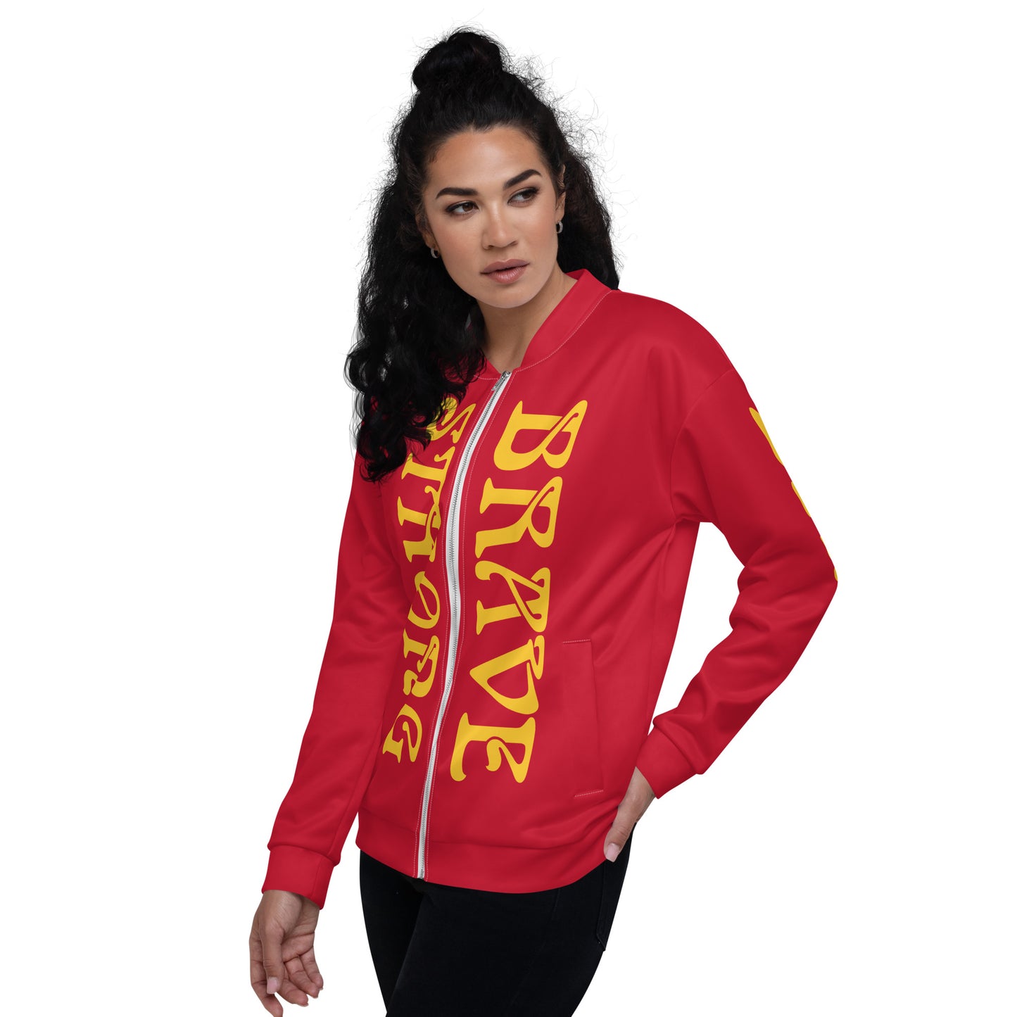 “STRONG,BRAVE”Red Unisex Bomber Jacket W/Yellow Font