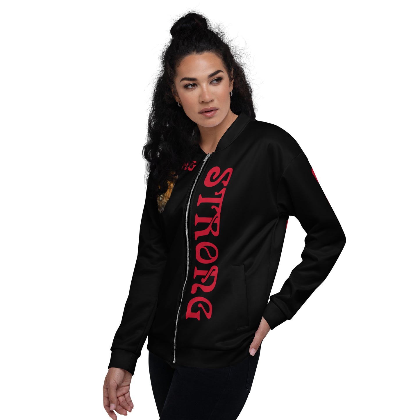 “STRONG”Black Unisex Bomber Jacket W/Double-Sided Red Font