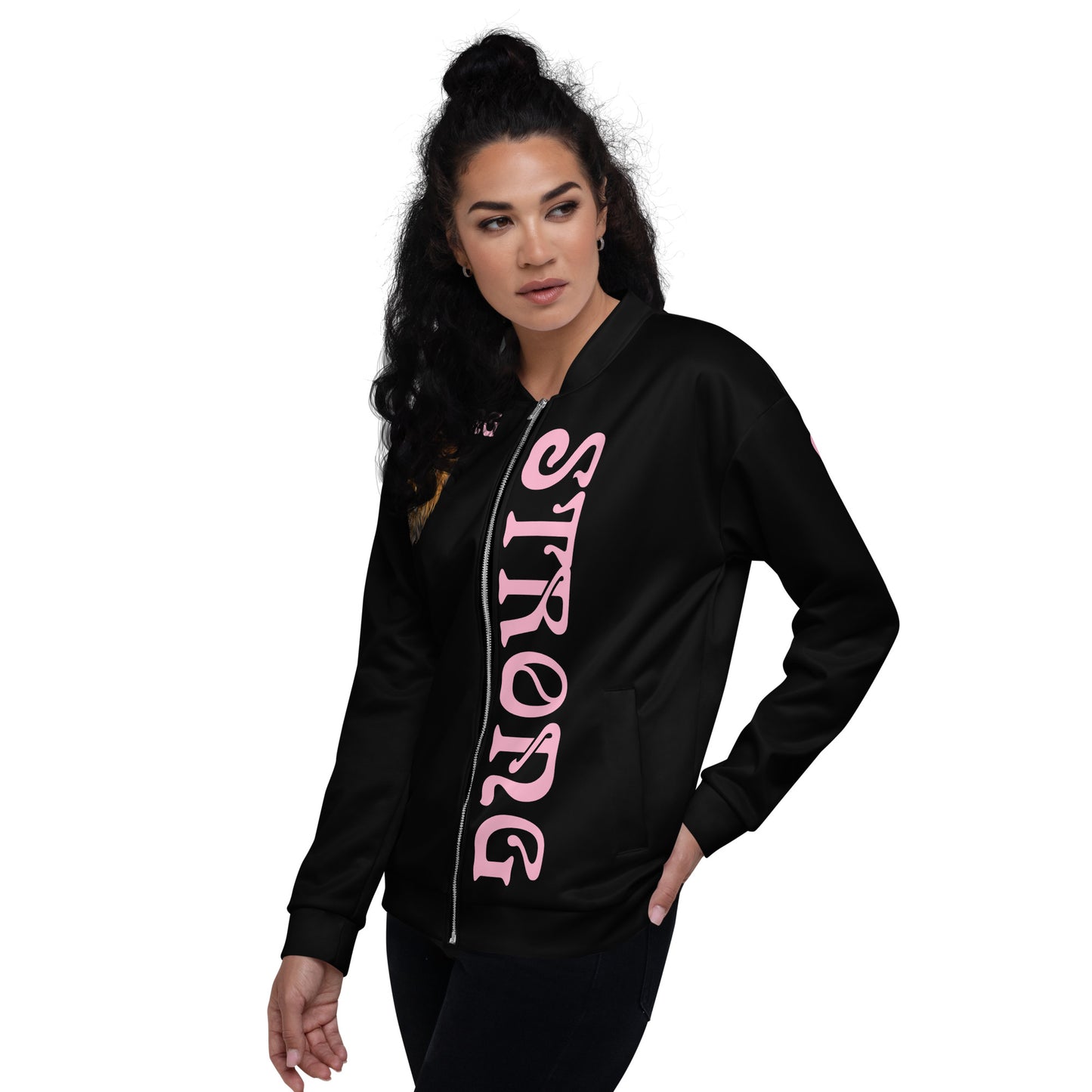 “STRONG”Black Unisex Bomber Jacket W/Cotton Candy Font