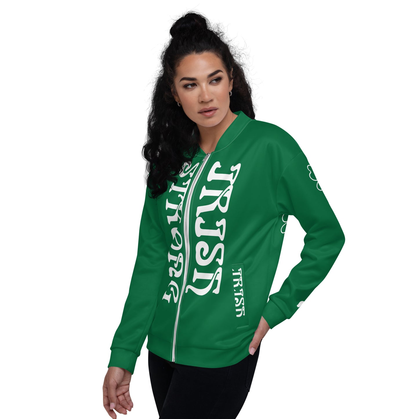 “STRONG IRISH”Green Unisex Bomber Jacket W/White Font