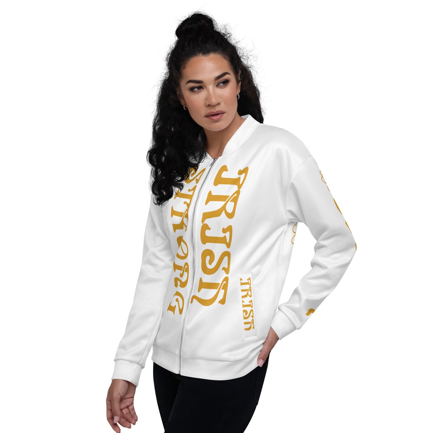 “STRONG IRISH” White Unisex Bomber Jacket W/Bronze Font