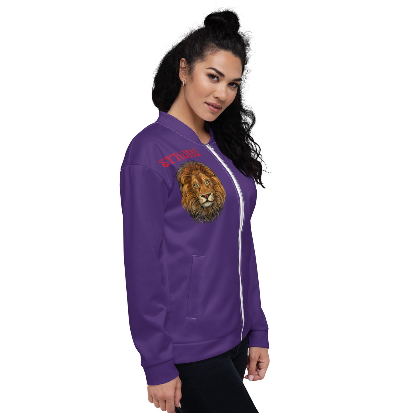 "STRONG"Purple Unisex Bomber Jacket W/Red Font