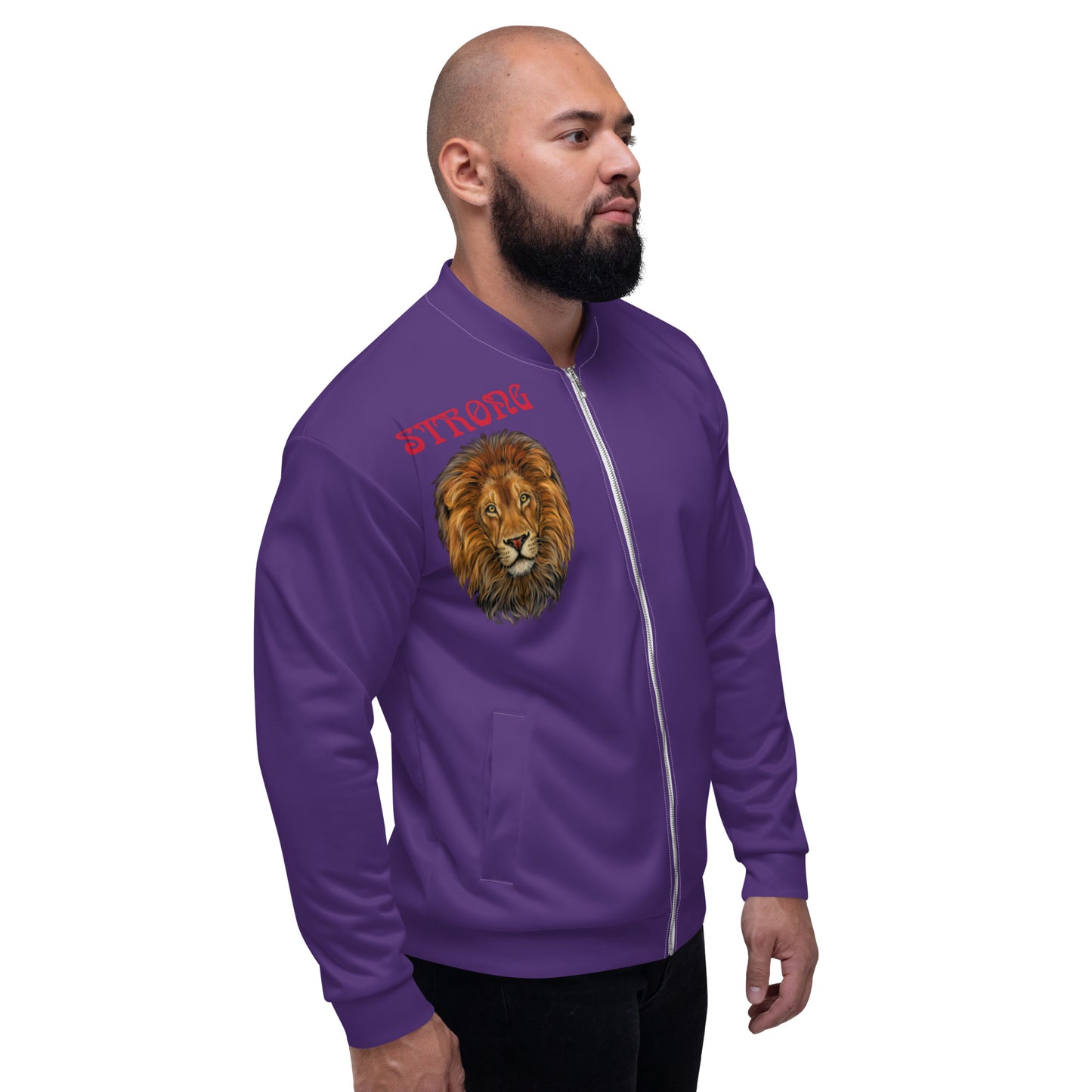 "STRONG"Purple Unisex Bomber Jacket W/Red Font