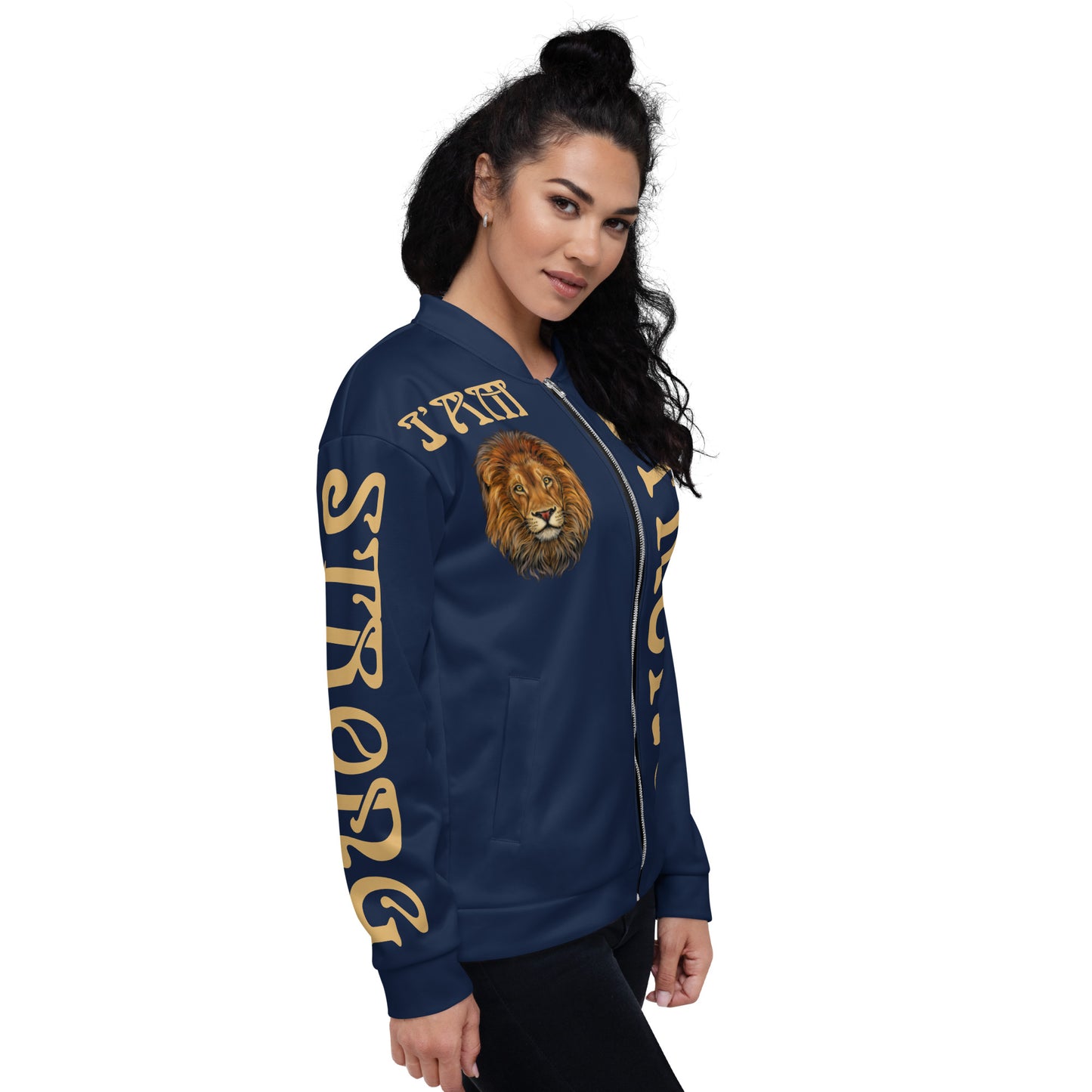 "I'AM STRONG”Navy Unisex Bomber Jacket W/Fawn Font