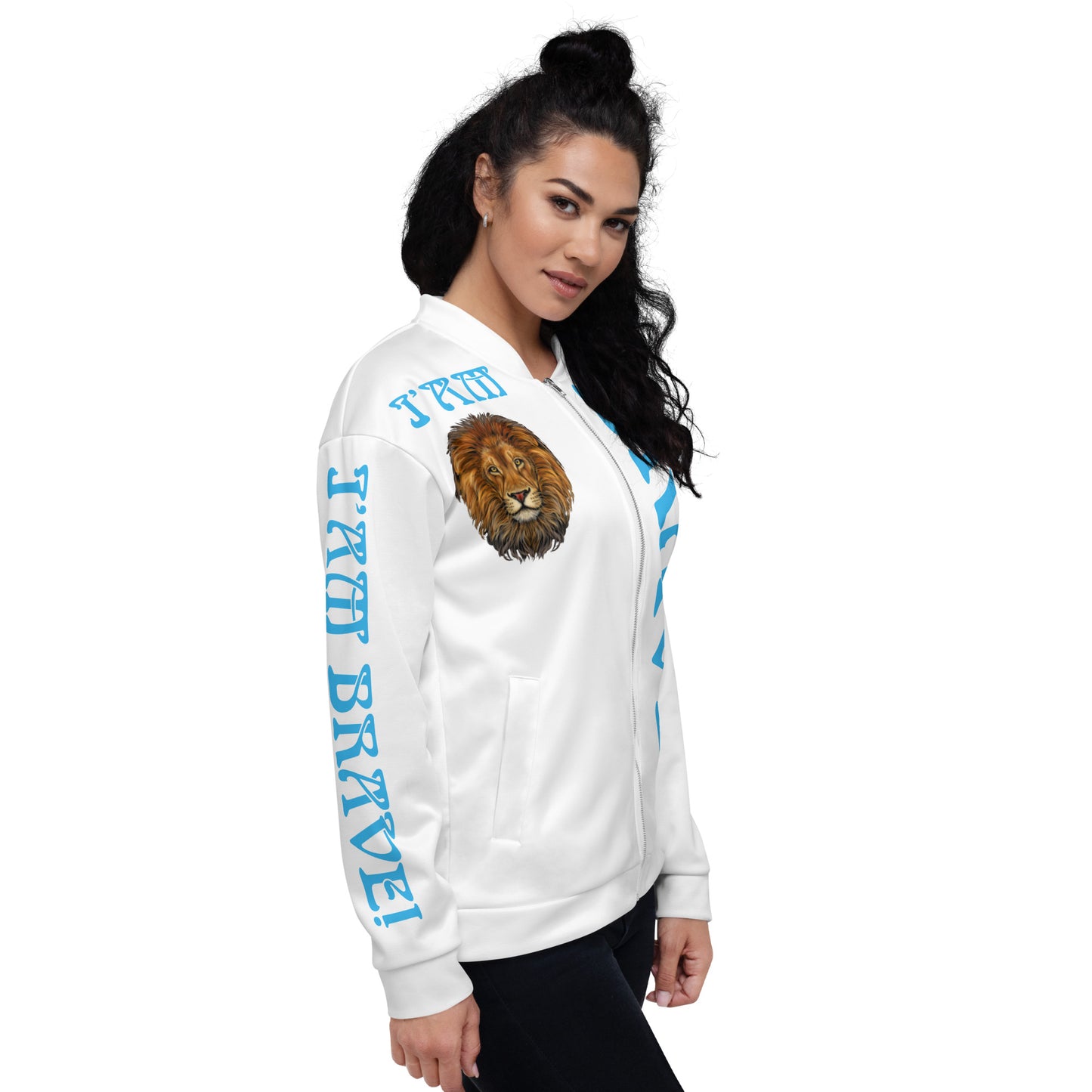 “IAM BRAVE!”White Unisex Bomber Jacket W/SkyBlue Font