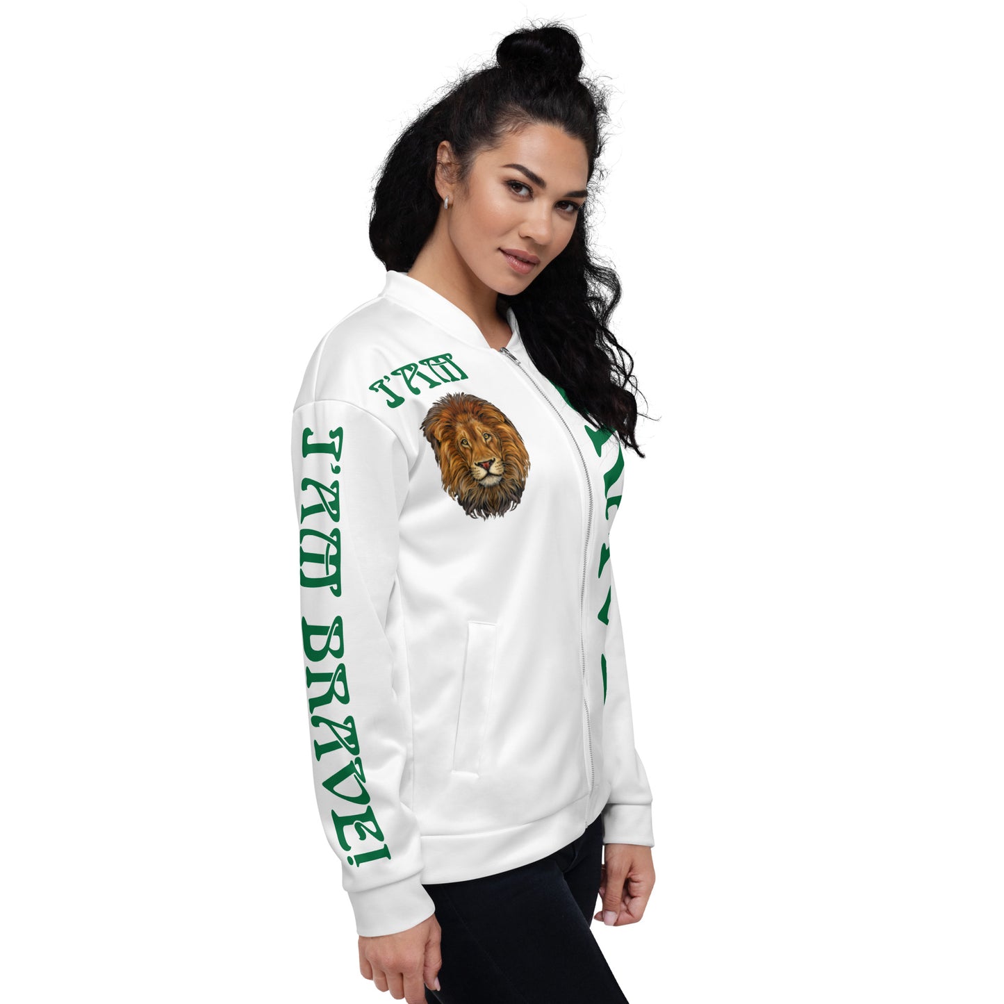 “I’AM BRAVE!”White Unisex Bomber Jacket W/Green Font