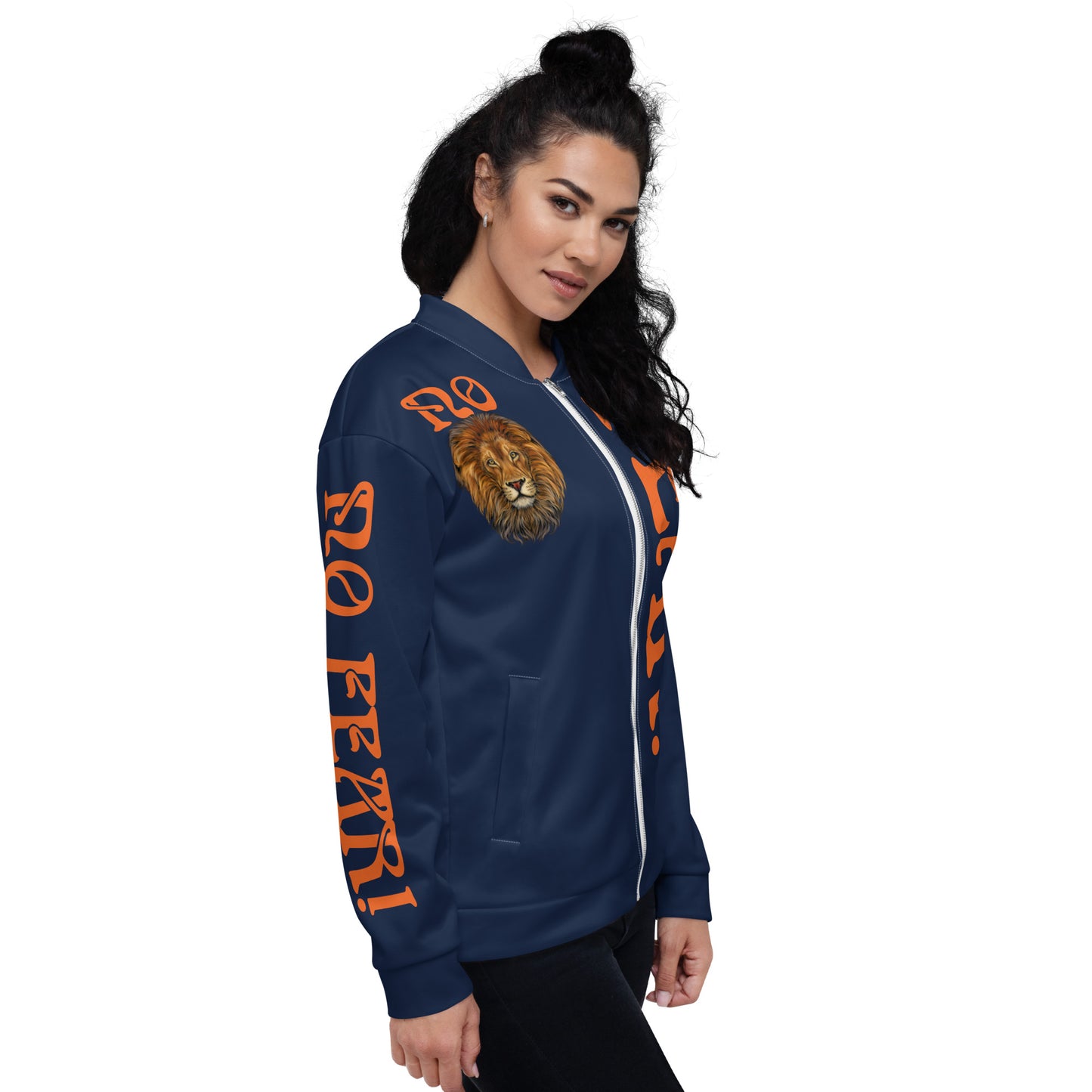 “NO FEAR!"Navy Unisex Bomber Jacket W/Orange Font