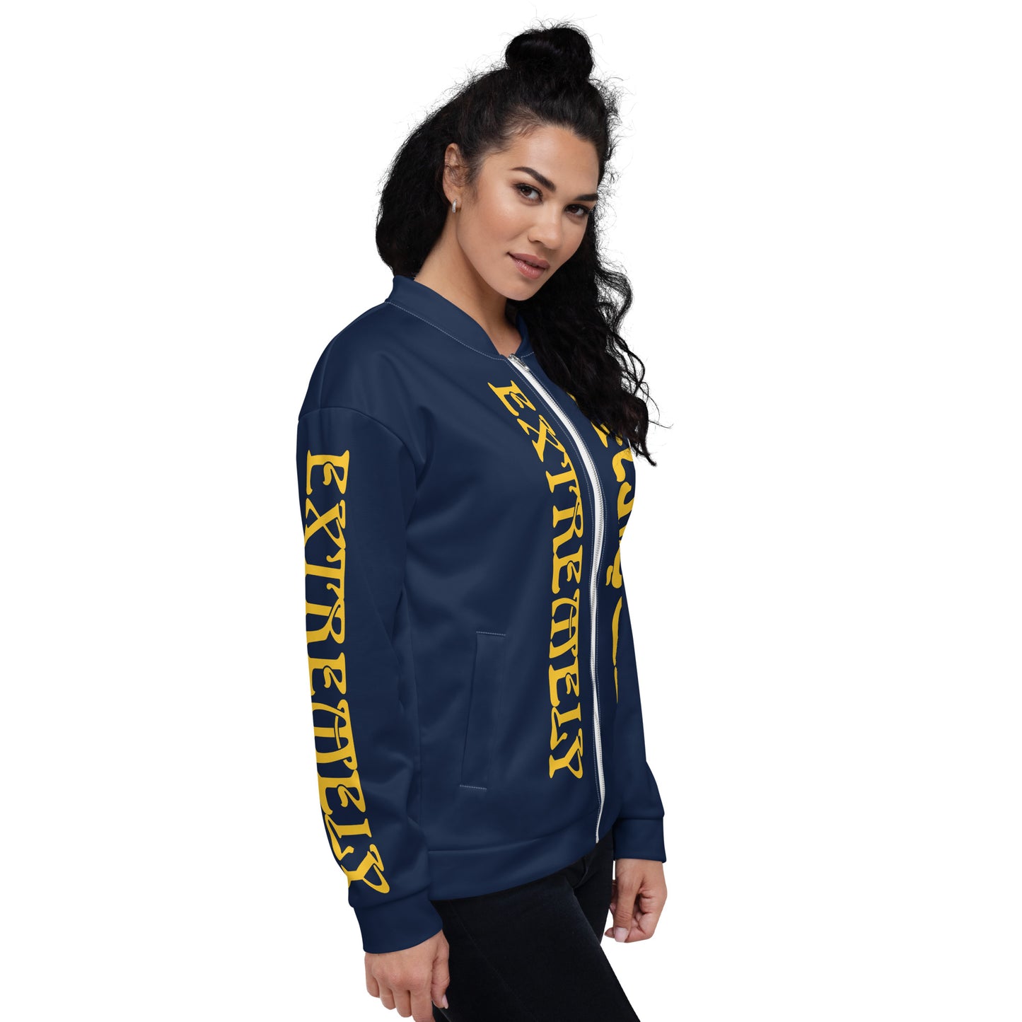 “EXTREMELY,UNIQUE!”Navy Unisex Bomber Jacket W/Yellow Font