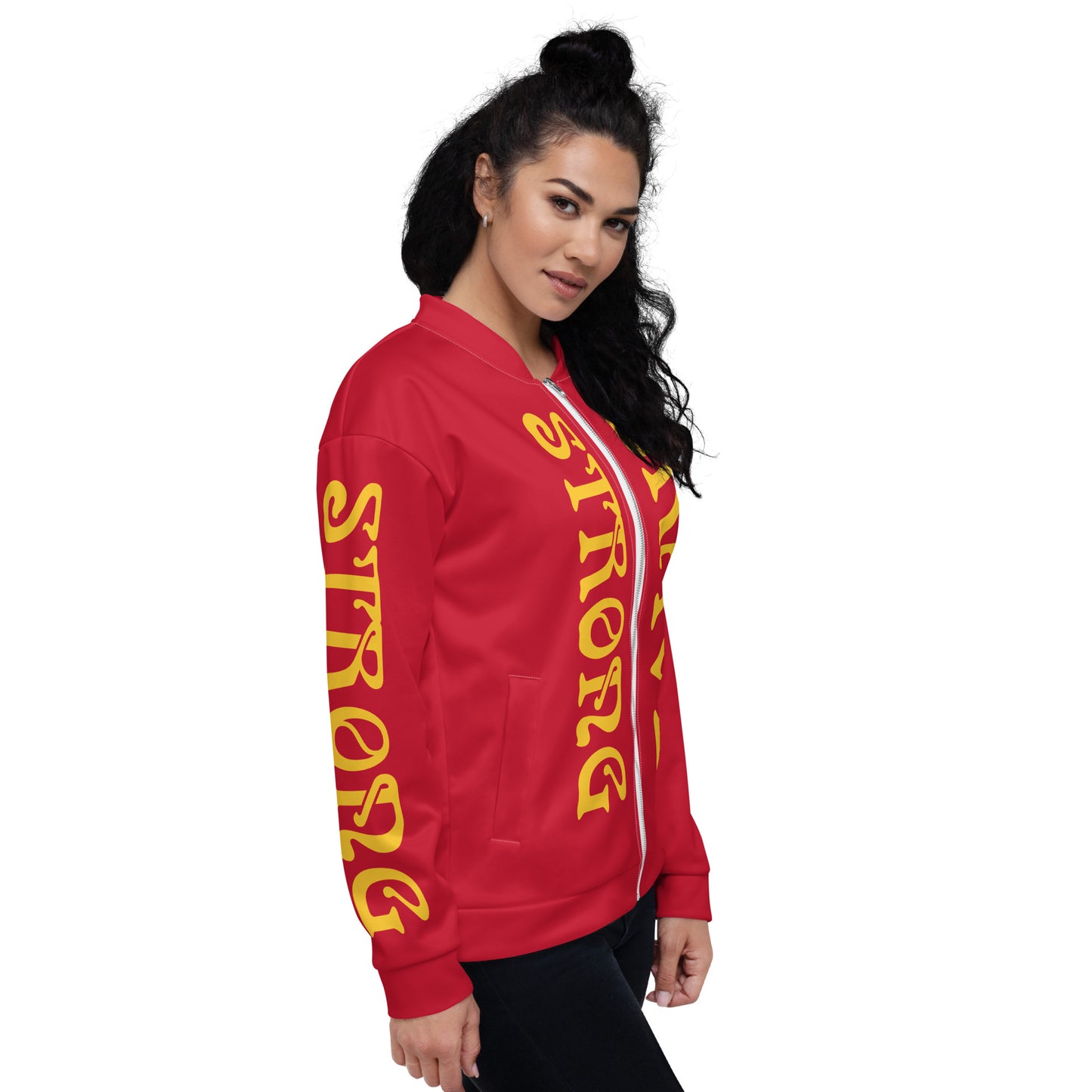 “STRONG,BRAVE”Red Unisex Bomber Jacket W/Yellow Font